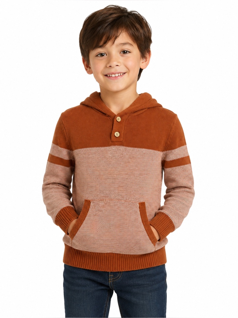 Cat & Jack Boys Striped Hooded Knit Sweater Rust Brown Size S 6/7